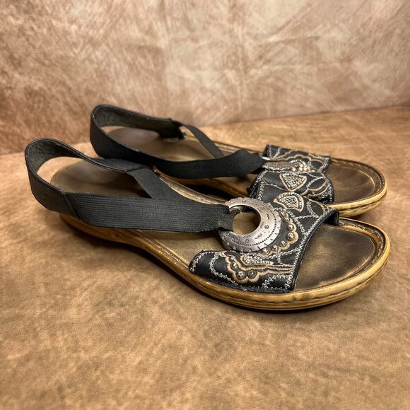 Rieker Beaded Black Strappy Sandals Silver Emblem Embroidered Indie Peasant Boho - Picture 1 of 10